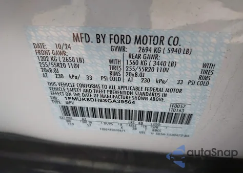 2025 Ford Explorer Active из США, поврежденный, VIN 1FMUK8DH8SGA39564